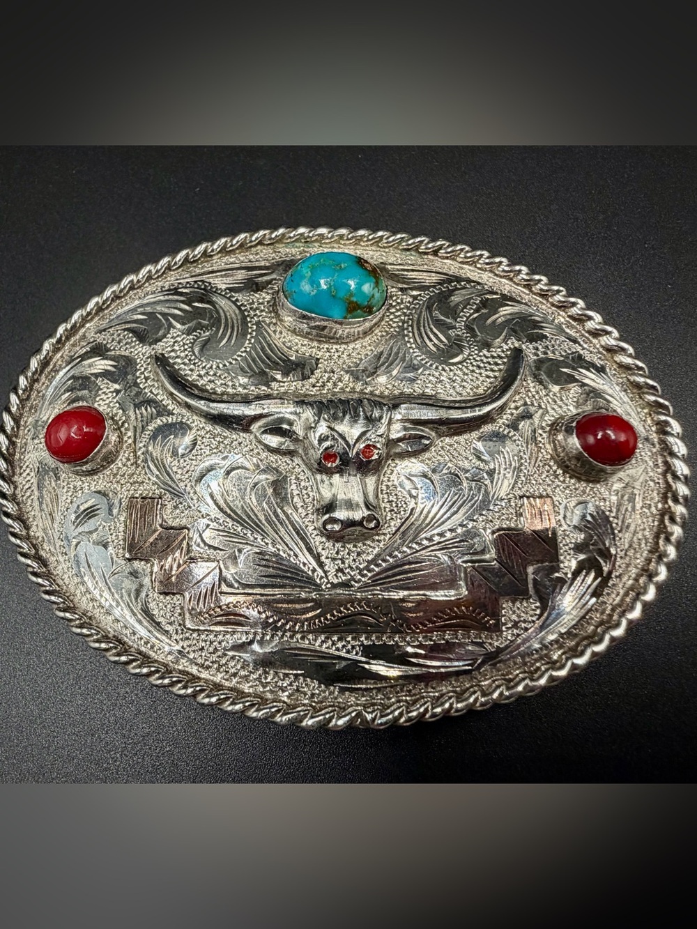 Vintage Mexico Sterling Silver 925 Longhorn Belt Buckle Turquoise Jalisco 46g